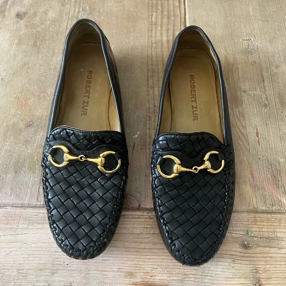 Robert Zur Black Woven Loafers with Gold Accents